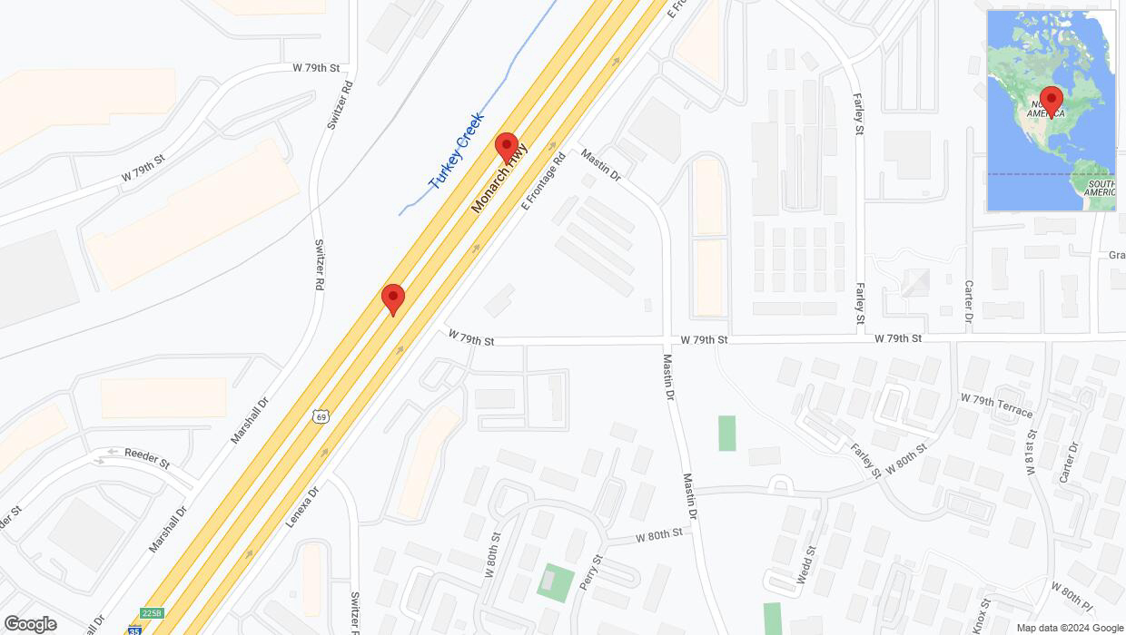 A detailed map that shows the affected road due to 'Broken down vehicle on eastbound I-35 in Overland Park' on July 31st at 12:40 p.m.
