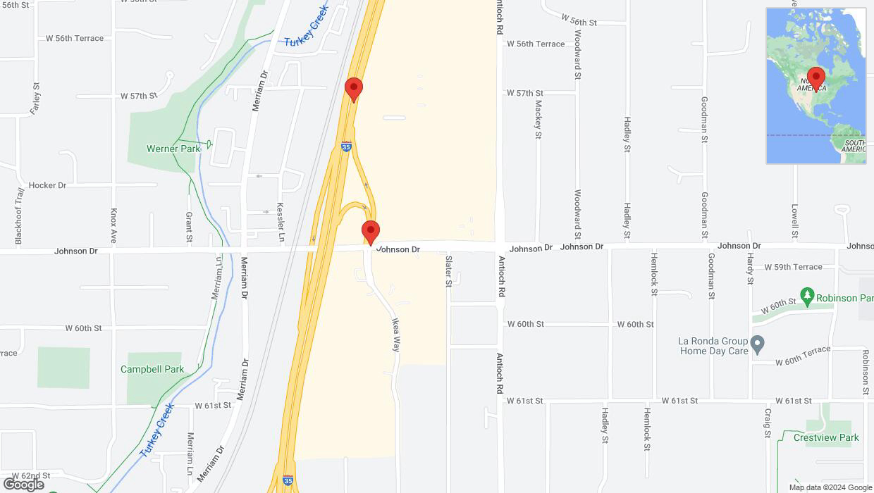 A detailed map that shows the affected road due to 'Broken down vehicle on Johnson Drive in Merriam' on July 31st at 1:22 p.m.