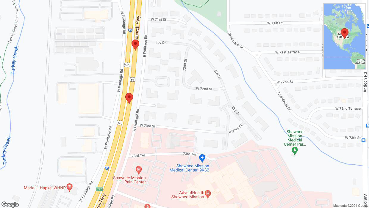 A detailed map that shows the affected road due to 'Broken down vehicle on eastbound I-35 in Merriam' on July 31st at 4:46 p.m.