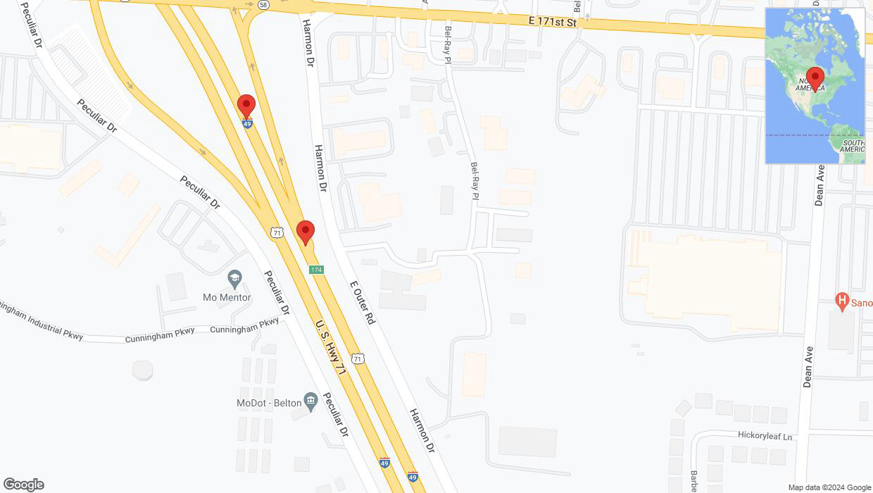 A detailed map that shows the affected road due to 'Broken down vehicle on northbound I-40/US-71 in Belton' on July 31st at 4:22 p.m.