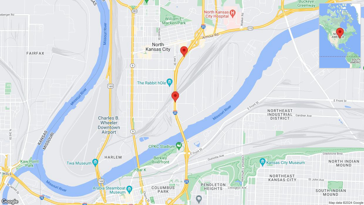 A detailed map that shows the affected road due to 'Crash reported on northbound I-29/I-35 in North Kansas City' on July 31st at 4:22 p.m.