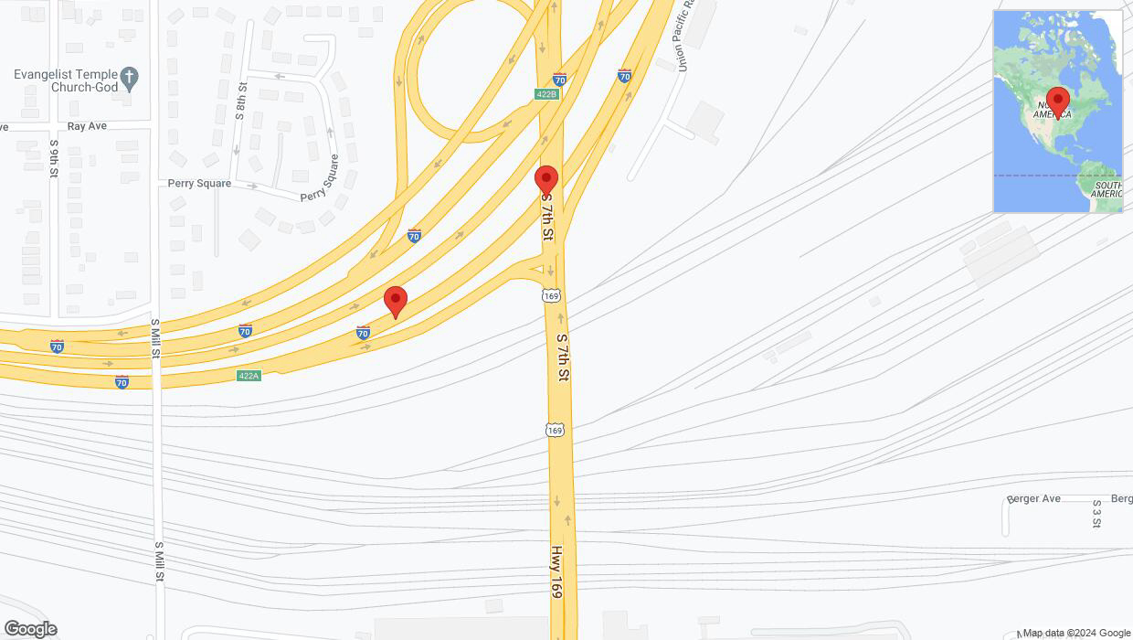 A detailed map that shows the affected road due to 'Broken down vehicle on eastbound I-70 in Kansas City' on July 31st at 4:34 p.m.