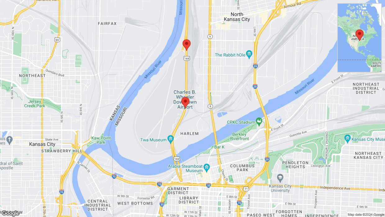 A detailed map that shows the affected road due to 'Broken down vehicle on northbound US-169 in Kansas City' on July 31st at 6:58 p.m.