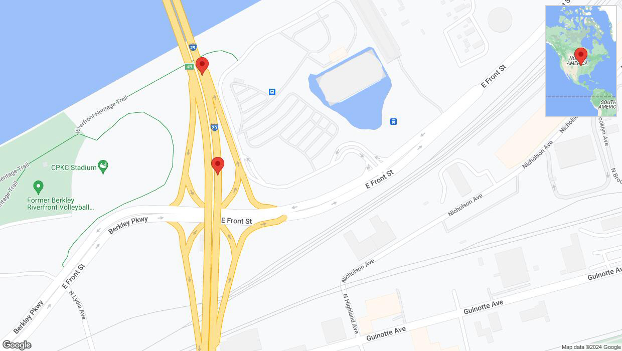 A detailed map that shows the affected road due to 'Crash reported on northbound I-29/I-35 in Kansas City' on July 31st at 5:40 p.m.