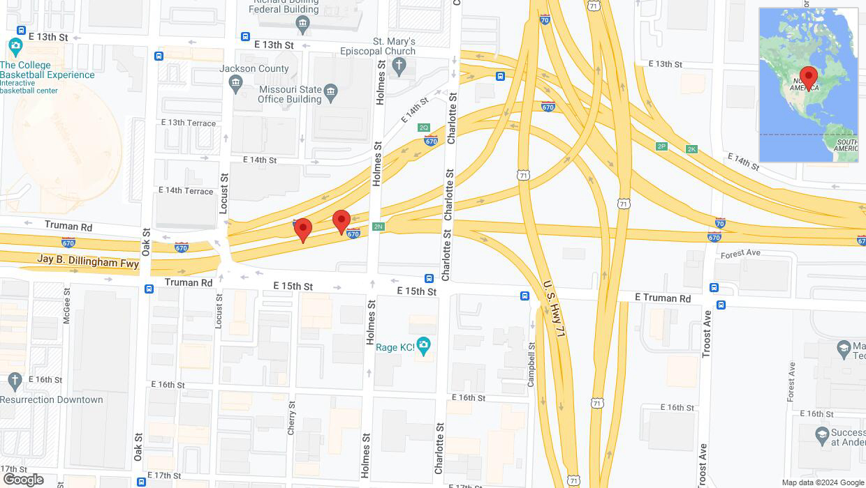 A detailed map that shows the affected road due to 'Broken down vehicle on eastbound I-670 in Kansas City' on July 31st at 6:34 p.m.
