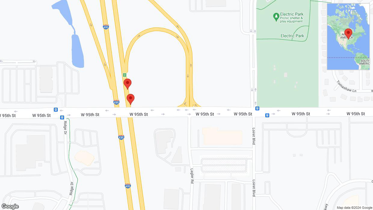 A detailed map that shows the affected road due to 'Broken down vehicle on northbound I-435 in Lenexa' on July 31st at 10:58 p.m.