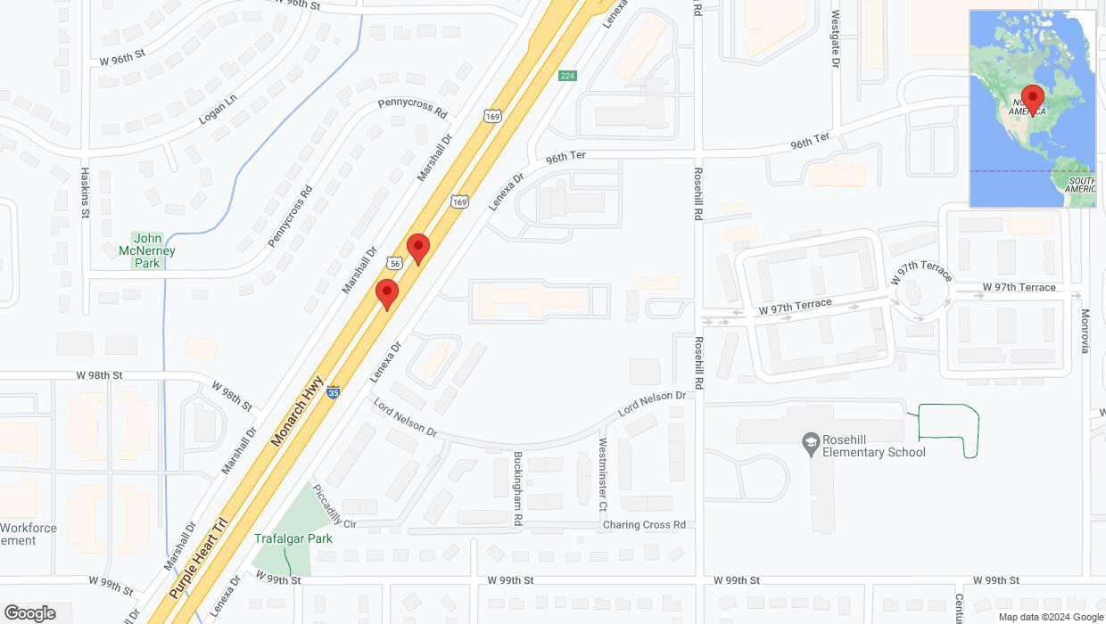 A detailed map that shows the affected road due to 'Broken down vehicle on eastbound I-35 in Lenexa' on July 31st at 11:28 p.m.