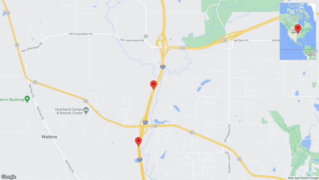 A detailed map that shows the affected road due to 'Traffic alert issued due to heavy rain conditions on southbound I-435 in Parkville' on July 31st at 10:58 p.m.