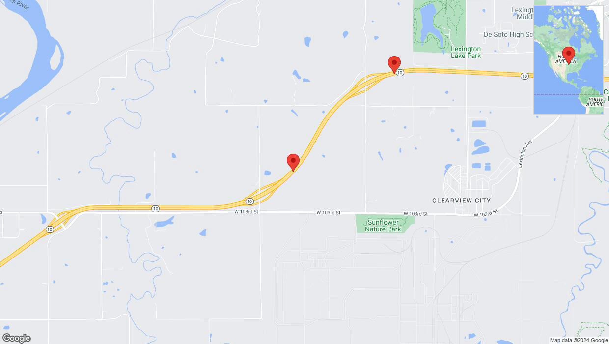 A detailed map that shows the affected road due to 'Heavy rain prompts traffic advisory on eastbound K-10 in Eudora' on July 31st at 11:04 p.m.