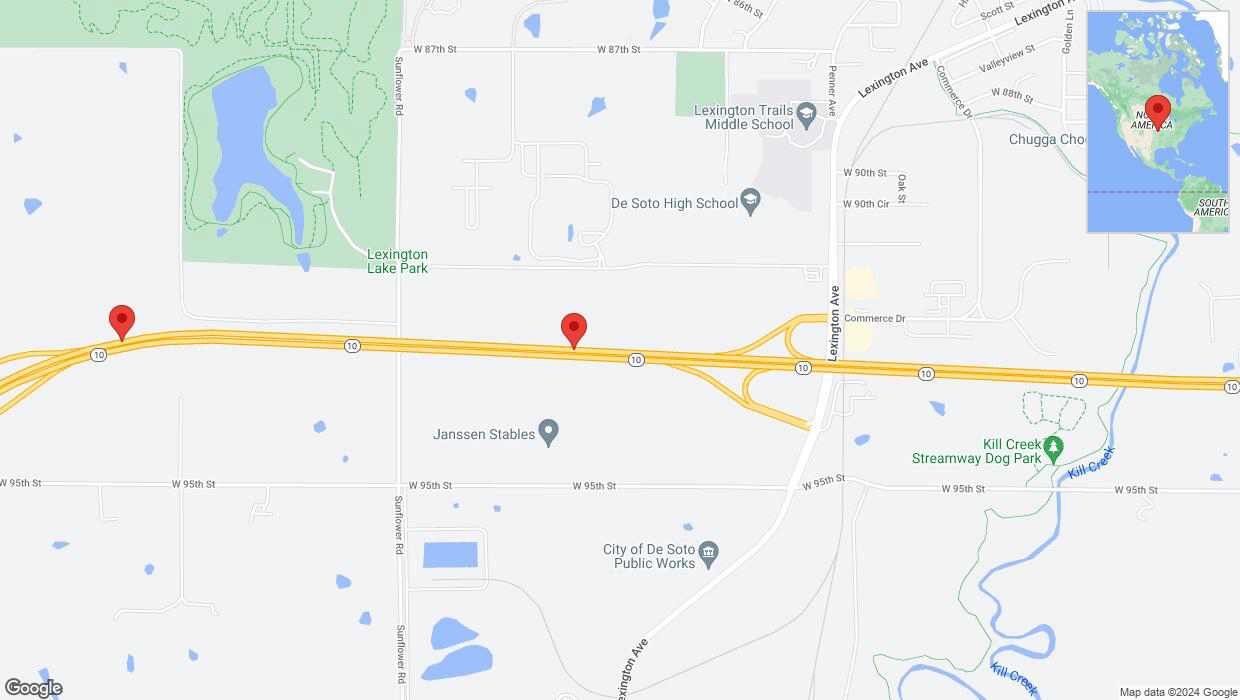 A detailed map that shows the affected road due to 'Heavy rain prompts traffic warning on westbound K-10 in De Soto' on July 31st at 11:04 p.m.