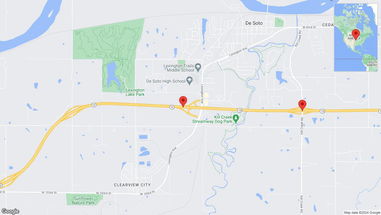 A detailed map that shows the affected road due to 'Heavy rain prompts traffic warning on eastbound K-10 in De Soto' on July 31st at 11:09 p.m.