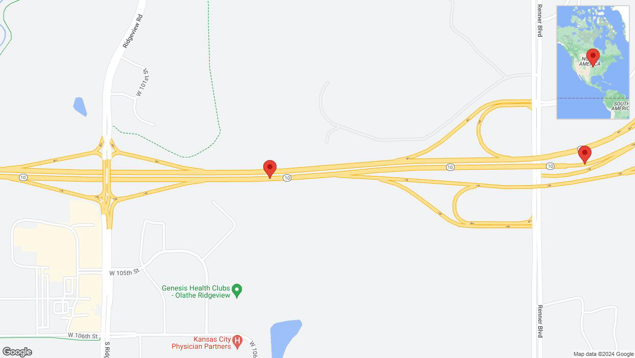 A detailed map that shows the affected road due to 'Drivers cautioned as heavy rain triggers traffic concerns on eastbound K-10 in Olathe' on July 31st at 11:25 p.m.