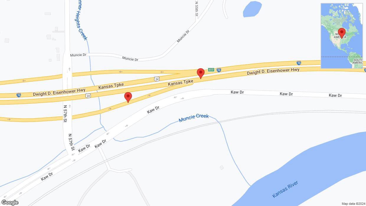 A detailed map that shows the affected road due to 'Broken down vehicle on Kaw Drive in Kansas City' on August 1st at 4:04 p.m.