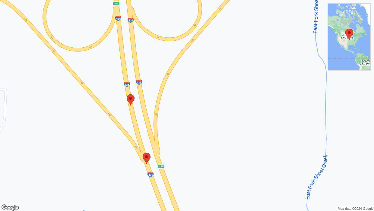A detailed map that shows the affected road due to 'Broken down vehicle on southbound I-435 in Kansas City' on August 1st at 1:46 p.m.