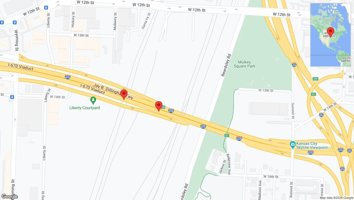 A detailed map that shows the affected road due to 'Broken down vehicle on eastbound I-670 in Kansas City' on August 1st at 1:22 p.m.