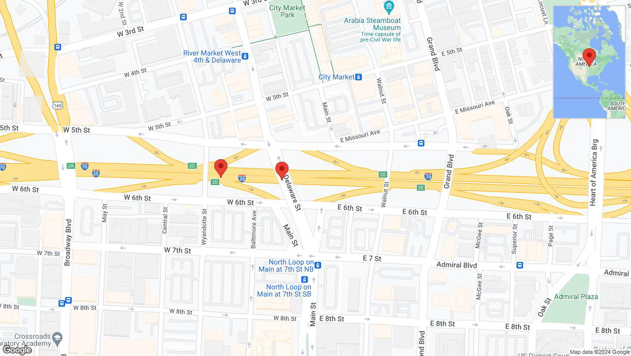 A detailed map that shows the affected road due to 'Broken down vehicle on eastbound I-70/I-35 in Kansas City' on August 1st at 2:10 p.m.