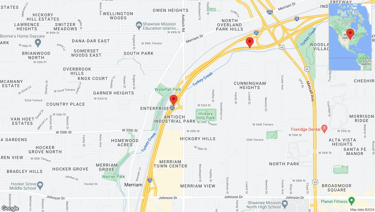 A detailed map that shows the affected road due to 'Warning in Overland Park: Crash reported on northbound I-35' on August 1st at 2:58 p.m.