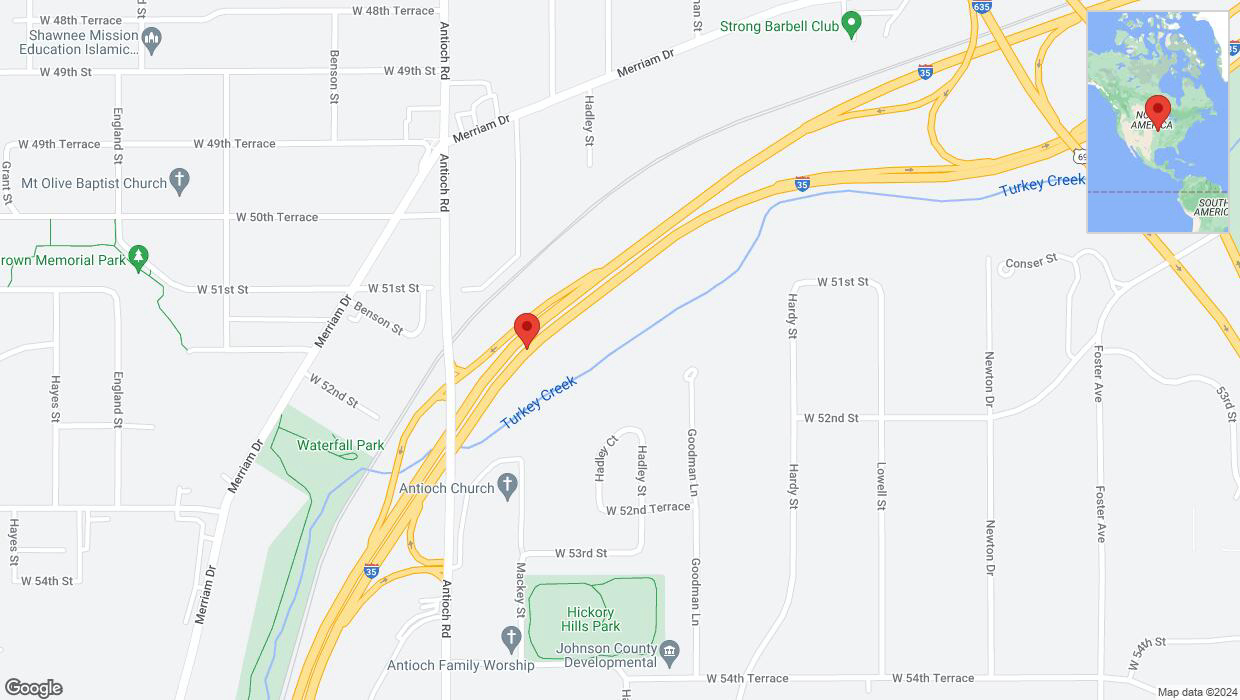 A detailed map that shows the affected road due to 'Warning: Crash on northbound I-35 in Overland Park' on August 1st at 3:34 p.m.