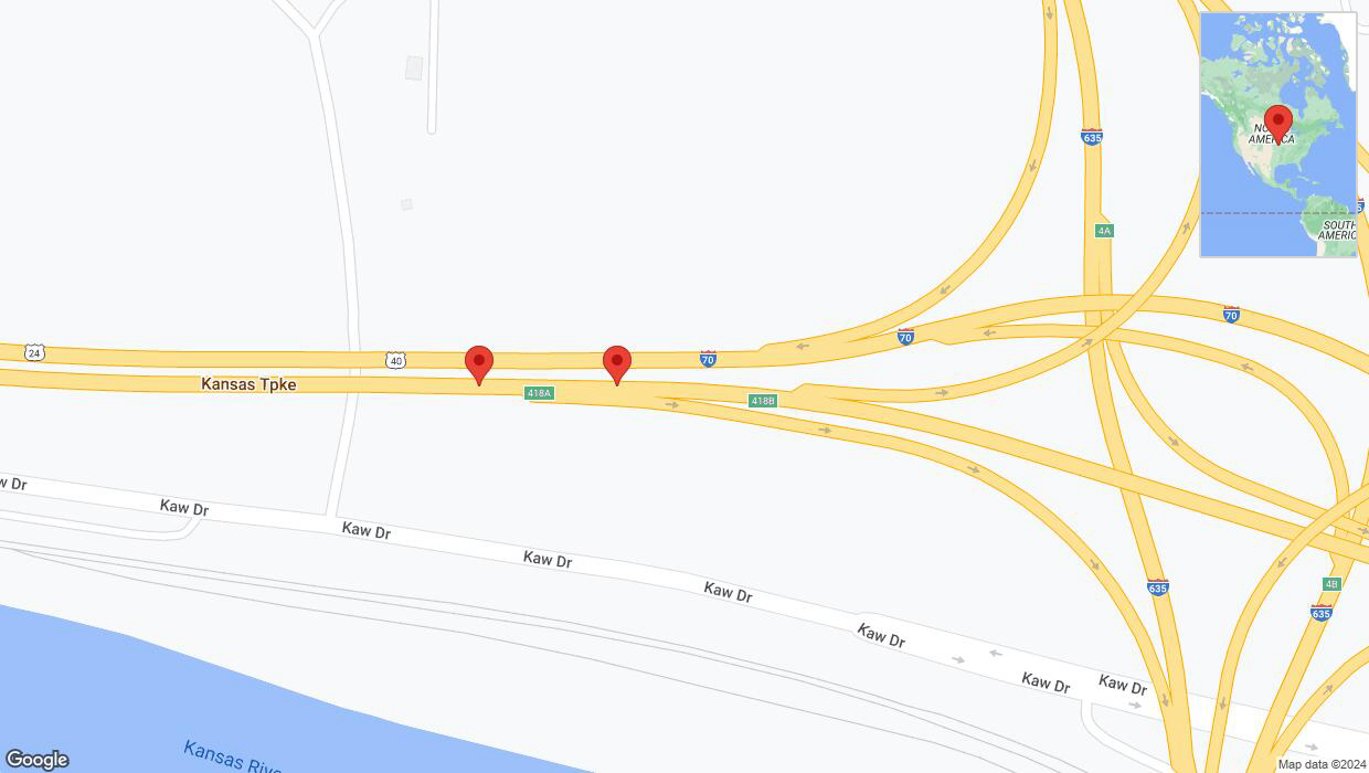 A detailed map that shows the affected road due to 'Broken down vehicle on eastbound I-70 in Kansas City' on August 1st at 5:04 p.m.