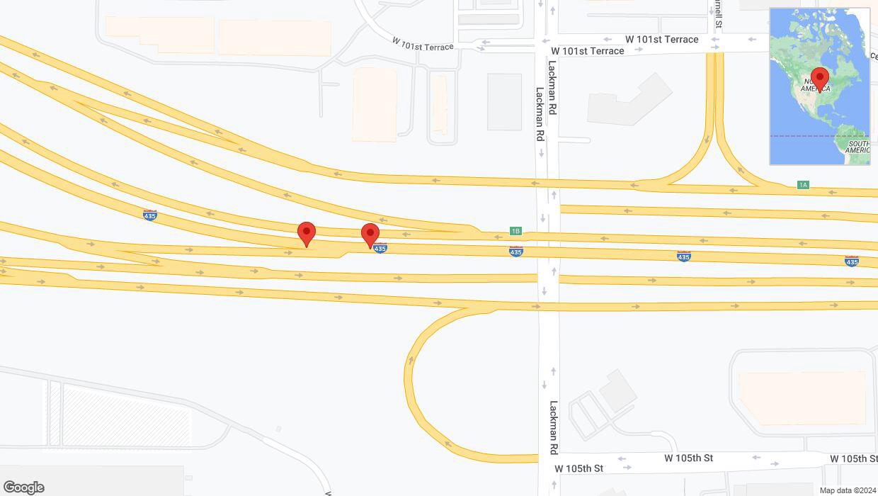 A detailed map that shows the affected road due to 'Broken down vehicle on eastbound I-435 in Lenexa' on August 1st at 5:46 p.m.