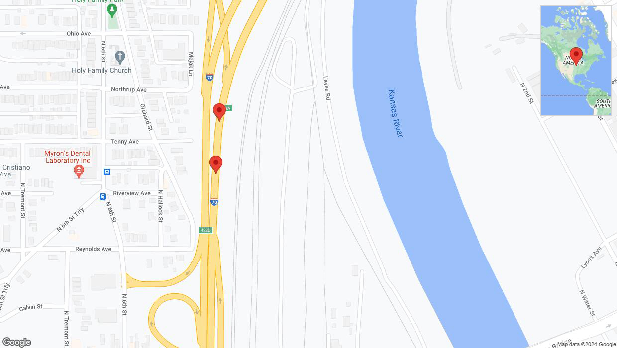 A detailed map that shows the affected road due to 'Broken down vehicle on eastbound I-70 in Kansas City' on August 1st at 7:10 p.m.