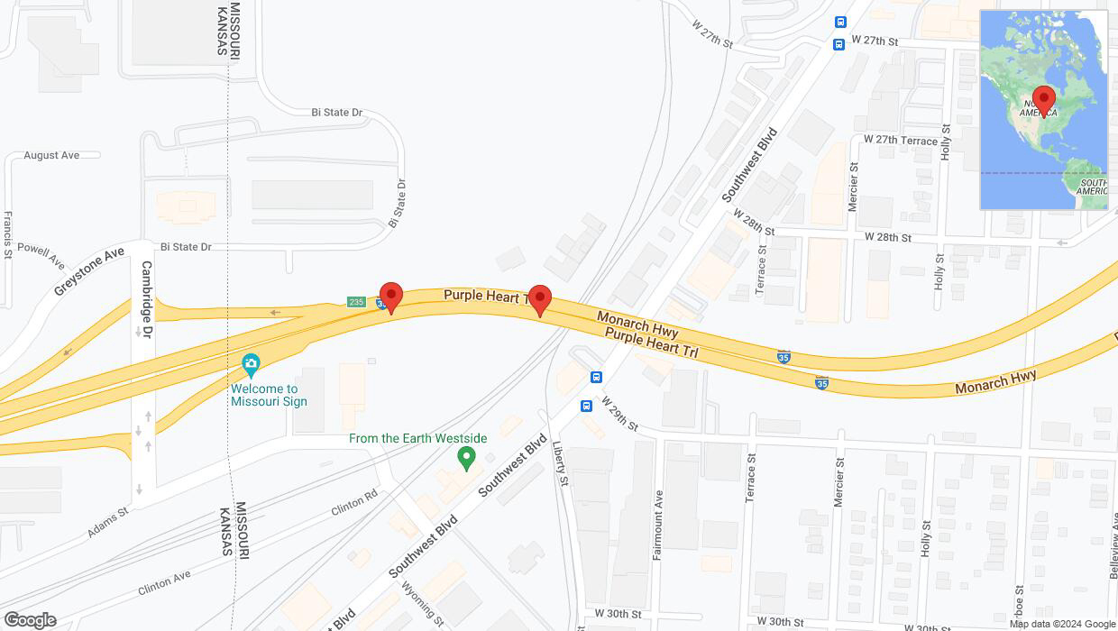 A detailed map that shows the affected road due to 'Broken down vehicle on northbound I-35 in Kansas City' on August 1st at 8:40 p.m.