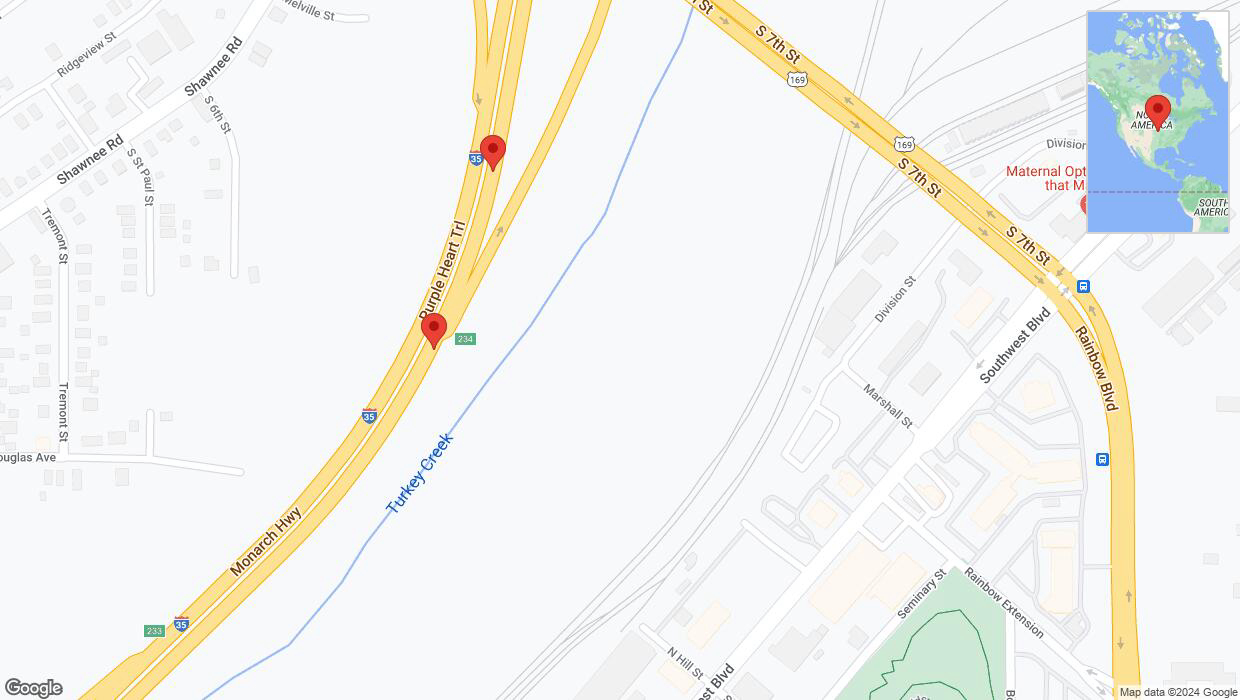 A detailed map that shows the affected road due to 'Broken down vehicle on northbound I-35 in Kansas City' on August 1st at 8:34 p.m.