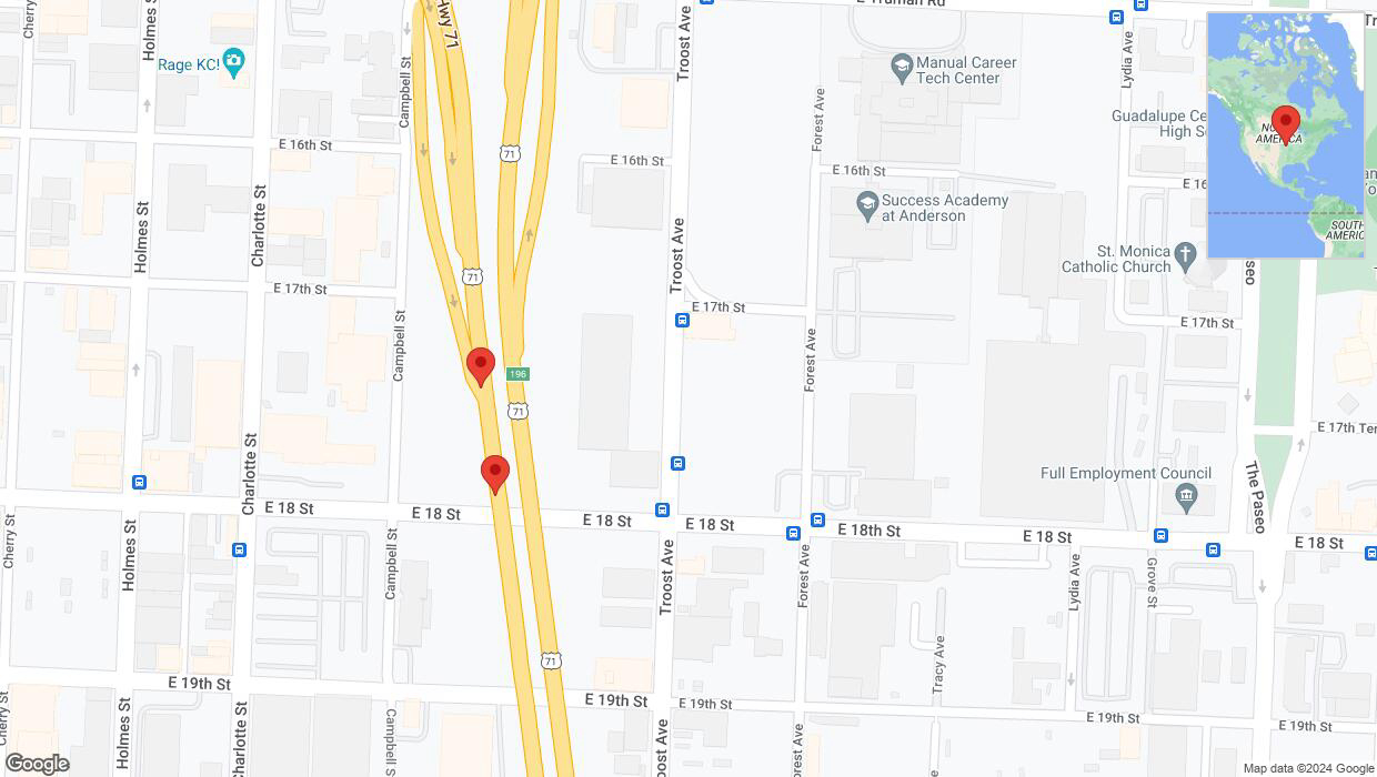 A detailed map that shows the affected road due to 'Broken down vehicle on southbound US-71 in Kansas City' on August 1st at 7:46 p.m.