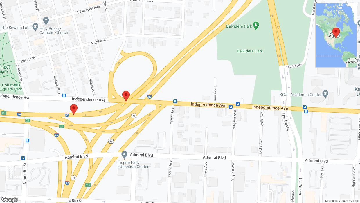 A detailed map that shows the affected road due to 'Broken down vehicle on westbound US-24 West in Kansas City' on August 1st at 8:28 p.m.