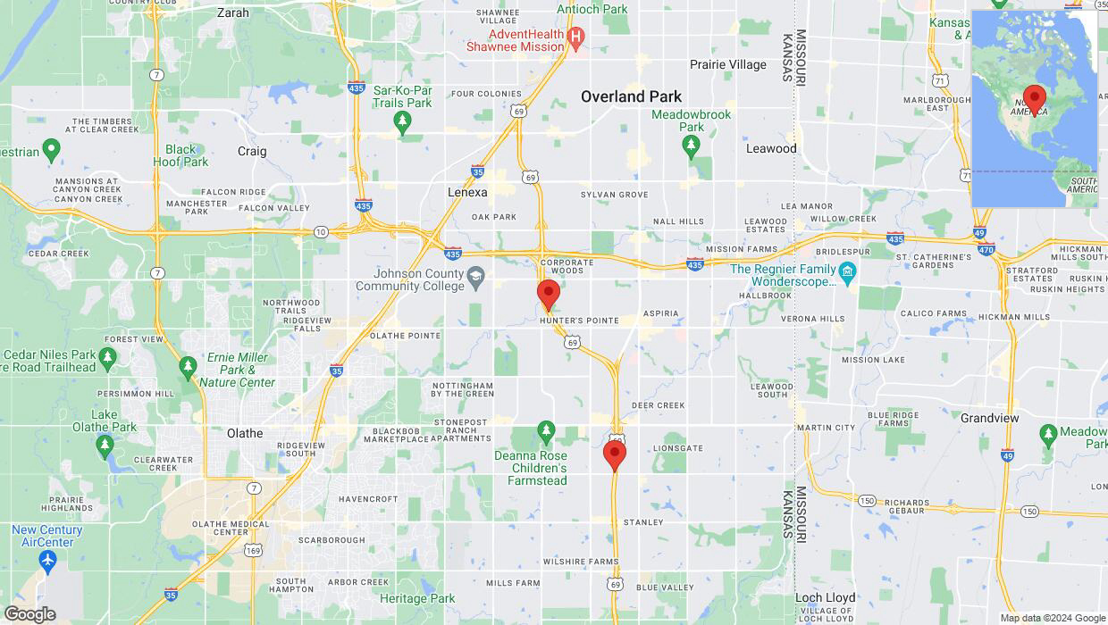 A detailed map that shows the affected road due to 'Lane on US-69 closed in Overland Park' on August 1st at 9:28 p.m.