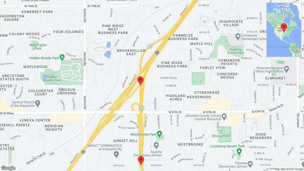 A detailed map that shows the affected road due to 'US-69 temporarily closed in Lenexa' on August 1st at 9:46 p.m.