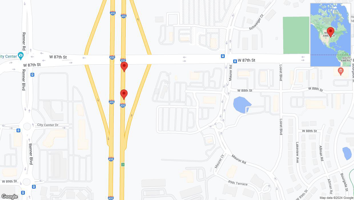 A detailed map that shows the affected road due to 'Broken down vehicle on northbound I-435 in Lenexa' on August 1st at 10:04 p.m.