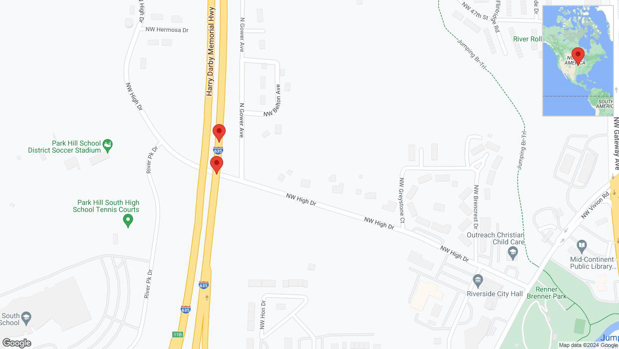 A detailed map that shows the affected road due to 'Broken down vehicle on northbound I-635 in Riverside' on August 1st at 10:28 p.m.
