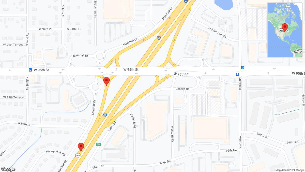A detailed map that shows the affected road due to 'West 95th Street temporarily closed in Lenexa' on August 1st at 11:10 p.m.