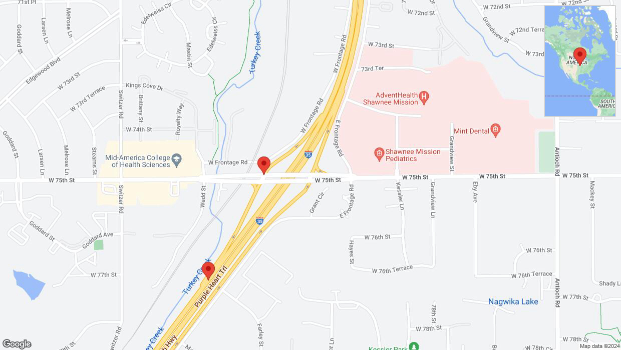 A detailed map that shows the affected road due to 'Merriam: West 75th Street closed' on August 1st at 11:22 p.m.