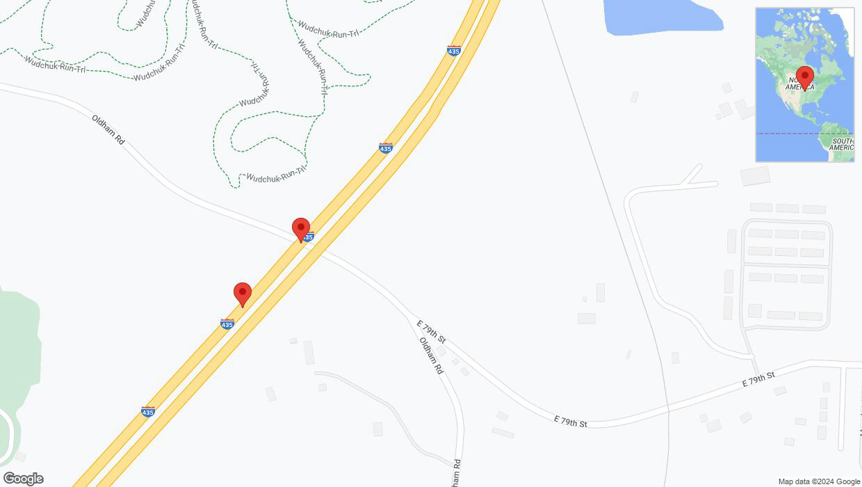 A detailed map that shows the affected road due to 'Broken down vehicle on southbound I-435 in Kansas City' on August 2nd at 2:16 p.m.