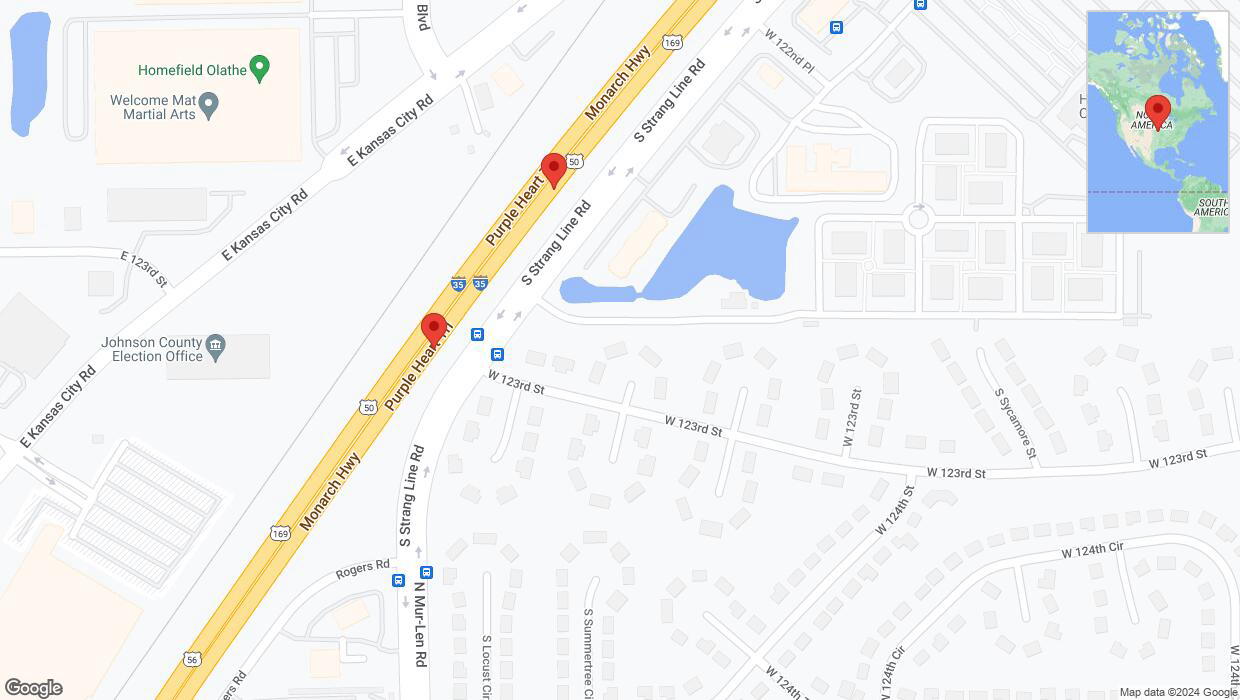 A detailed map that shows the affected road due to 'Broken down vehicle on eastbound I-35 in Olathe' on August 2nd at 4:20 p.m.