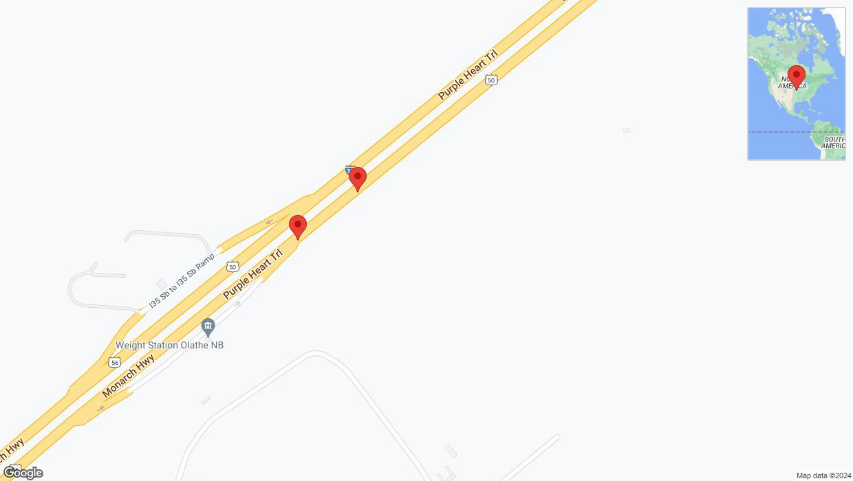 A detailed map that shows the affected road due to 'Broken down vehicle on eastbound I-35 in Olathe' on August 2nd at 5:24 p.m.