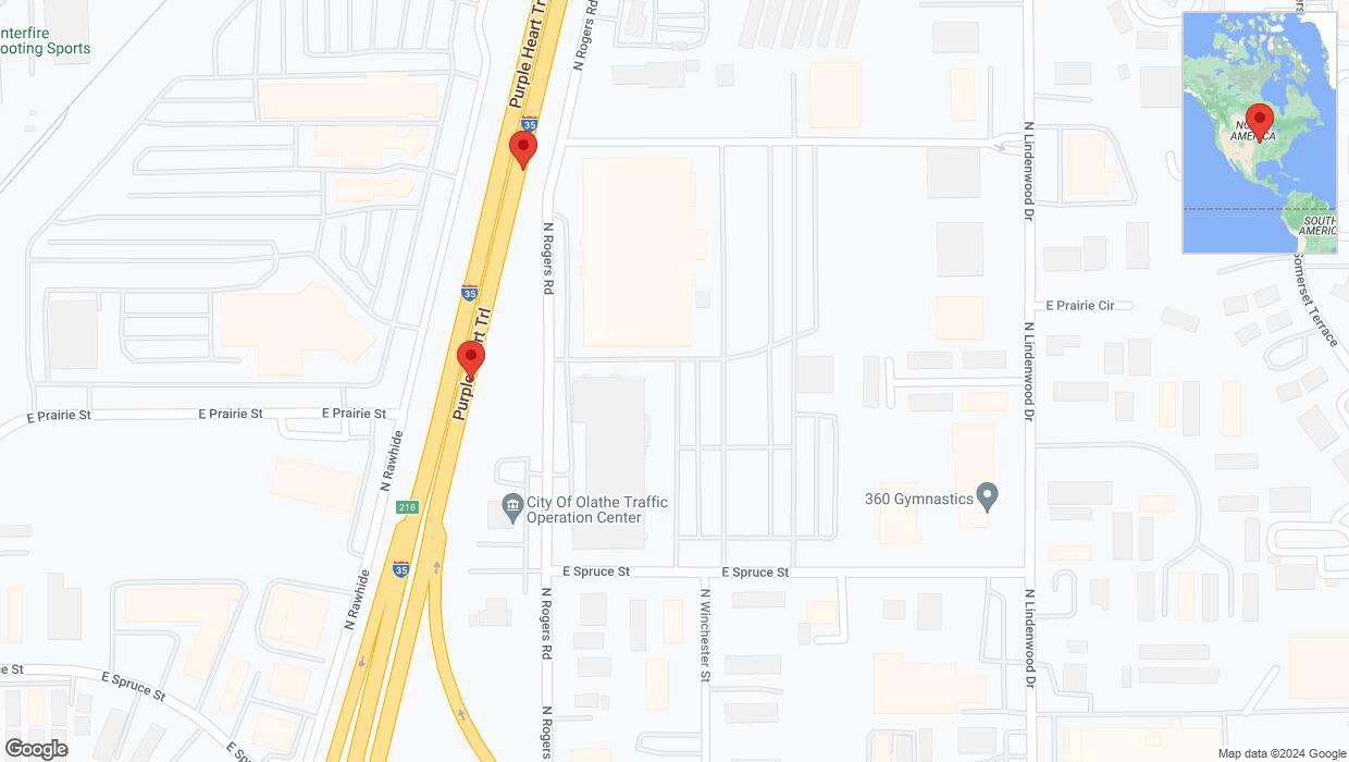 A detailed map that shows the affected road due to 'Broken down vehicle on eastbound I-35 in Olathe' on August 2nd at 7:59 p.m.