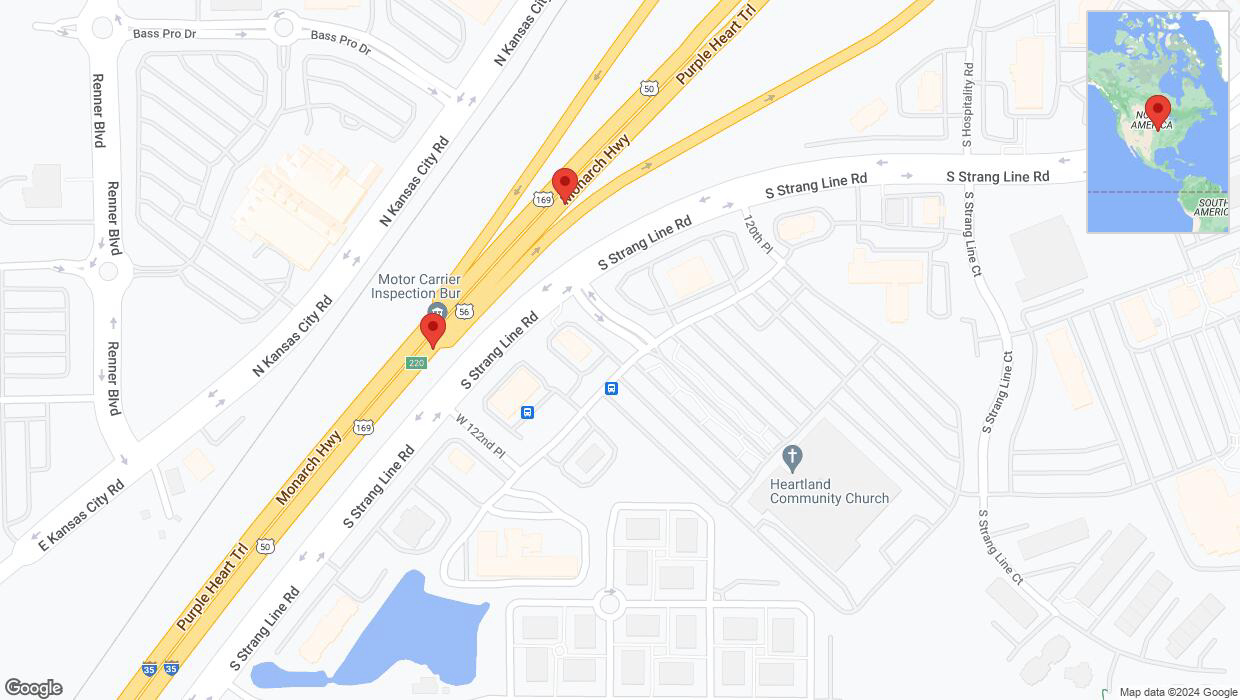 A detailed map that shows the affected road due to 'Broken down vehicle on eastbound I-35 in Olathe' on August 3rd at 12:01 p.m.