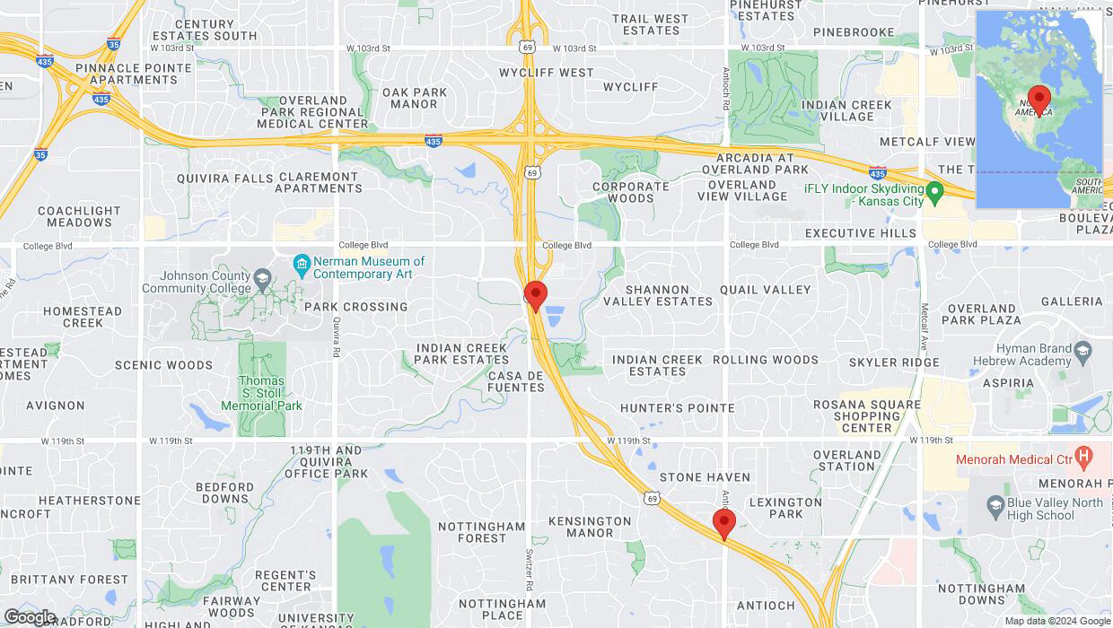 A detailed map that shows the affected road due to 'Lane on US-69 closed in Overland Park' on August 3rd at 12:31 p.m.