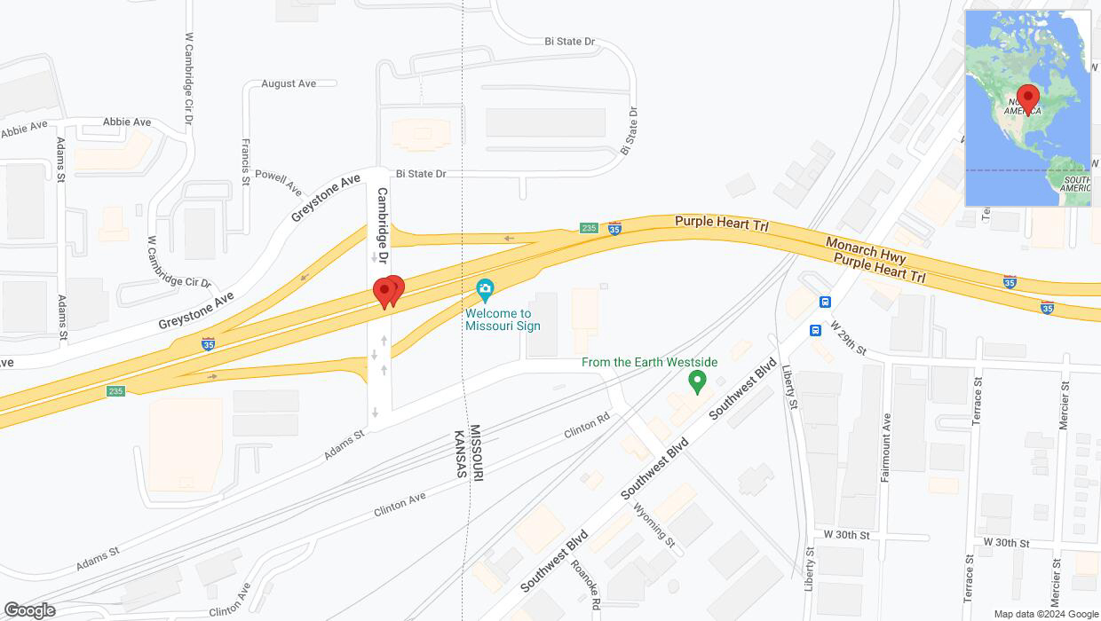 A detailed map that shows the affected road due to 'Broken down vehicle on northbound I-35 in Kansas City' on August 3rd at 1:49 p.m.