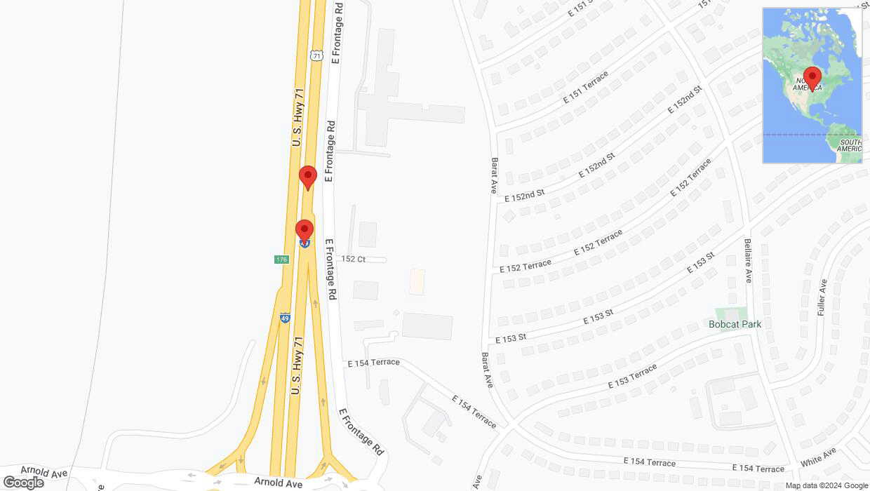 A detailed map that shows the affected road due to 'Broken down vehicle on northbound I-40/US-71 in Grandview' on August 3rd at 3:43 p.m.
