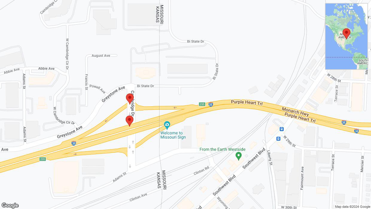 A detailed map that shows the affected road due to 'Broken down vehicle on East Cambridge Circle Drive in Kansas City' on August 3rd at 3:19 p.m.