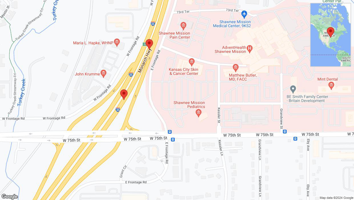 A detailed map that shows the affected road due to 'Broken down vehicle on eastbound I-35 in Merriam' on August 3rd at 4:53 p.m.
