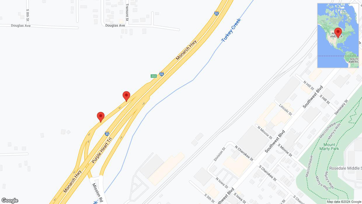 A detailed map that shows the affected road due to 'Broken down vehicle on Custer Avenue in Kansas City' on August 3rd at 8:25 p.m.