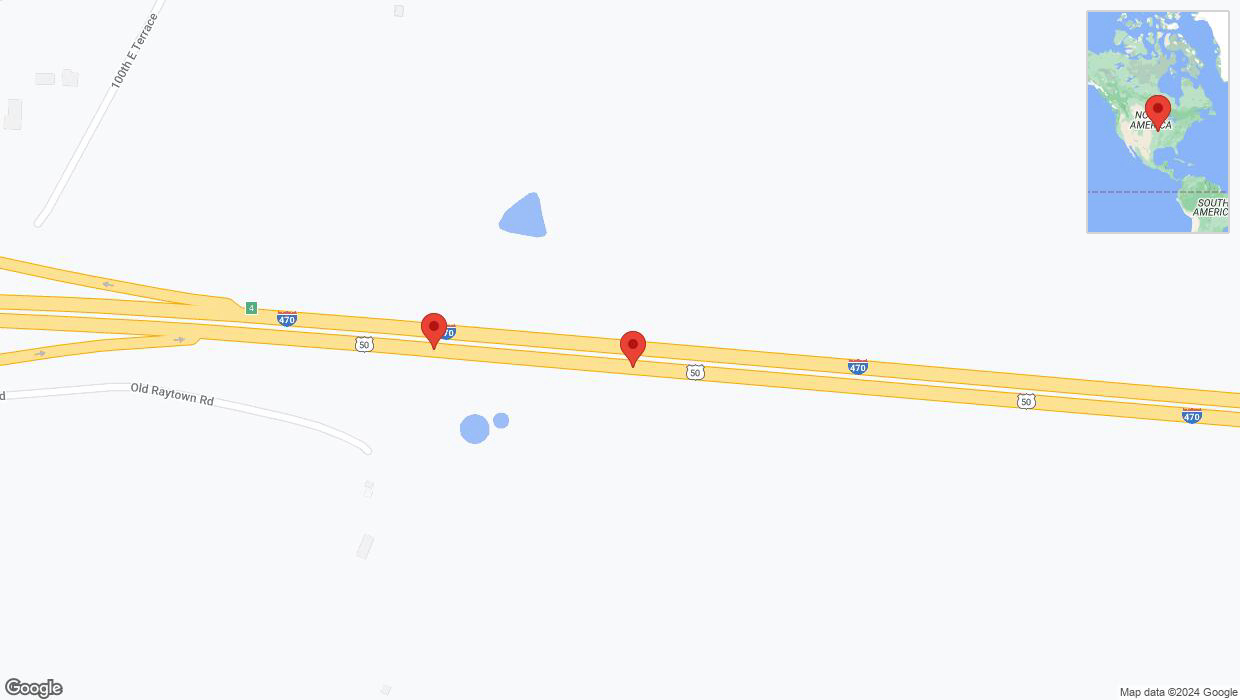 A detailed map that shows the affected road due to 'A crash has been reported on eastbound I-470' on August 3rd at 9:24 p.m.