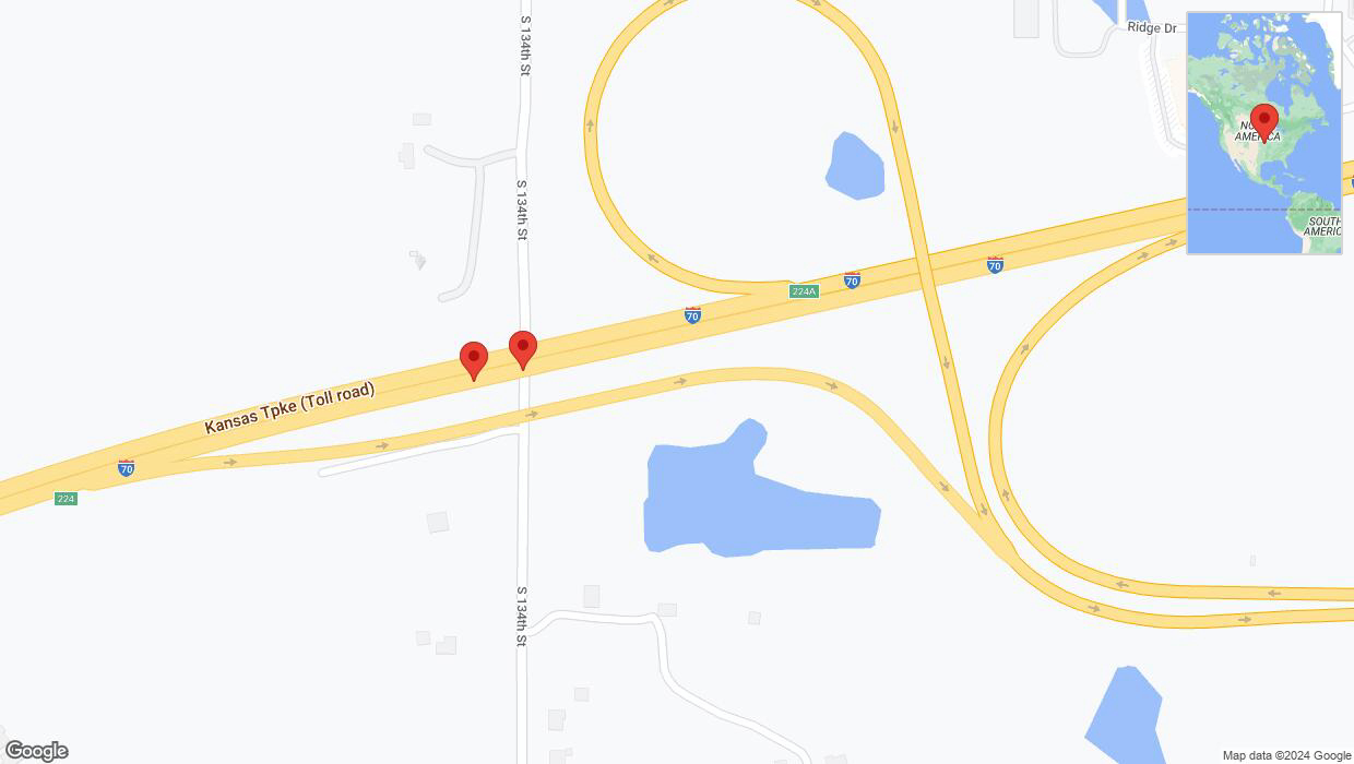 A detailed map that shows the affected road due to 'Broken down vehicle on eastbound I-70 in Bonner Springs' on August 4th at 1:58 p.m.