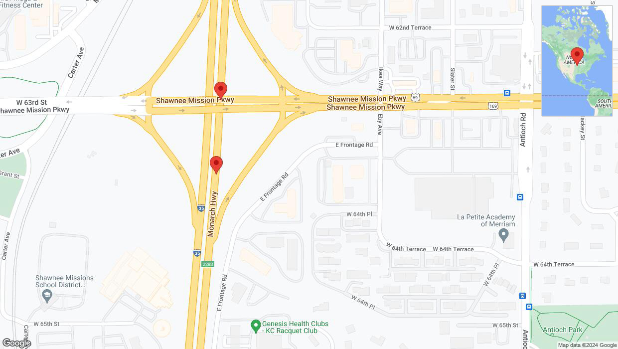 A detailed map that shows the affected road due to 'Broken down vehicle on northbound I-35 in Merriam' on August 4th at 12:58 p.m.