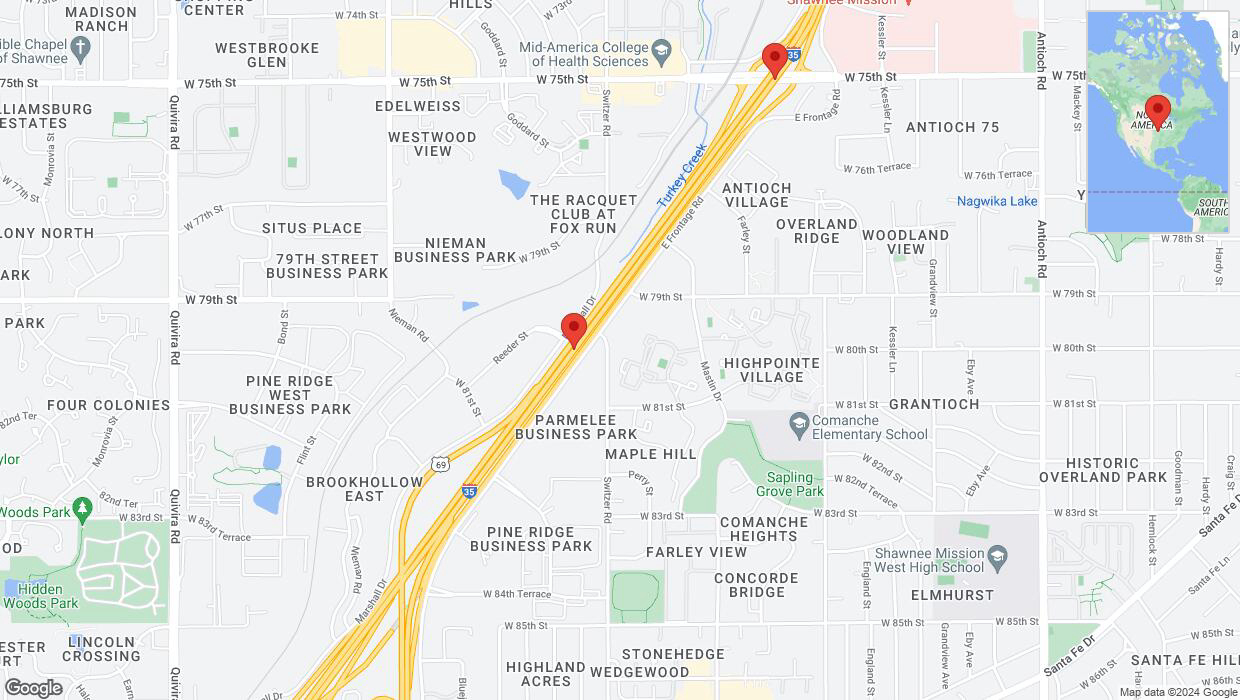 A detailed map that shows the affected road due to 'Crash reported on eastbound I-35 in Overland Park' on August 4th at 2:16 p.m.